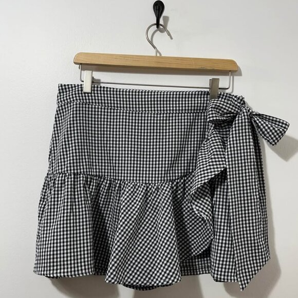 Blue Rain Pants - Blue Rain Gingham Mini Skort, Ruffle + Bow Details [size L]